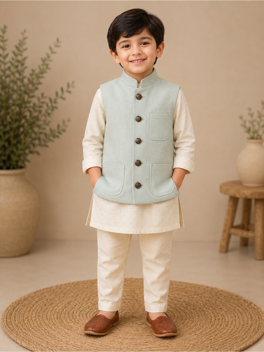 Light Sage Wool Blend Button Vest